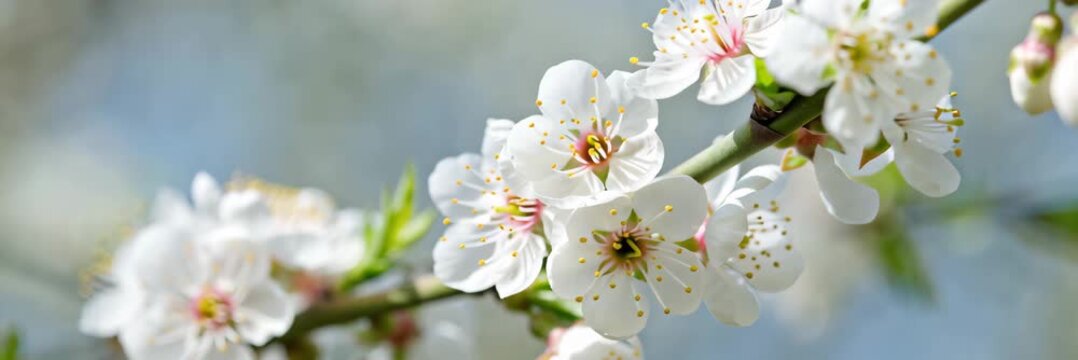 White spring blossoms on tree branch against soft background, website banner in wide format with copy space, delicate floral design, seasonal renewal concept.