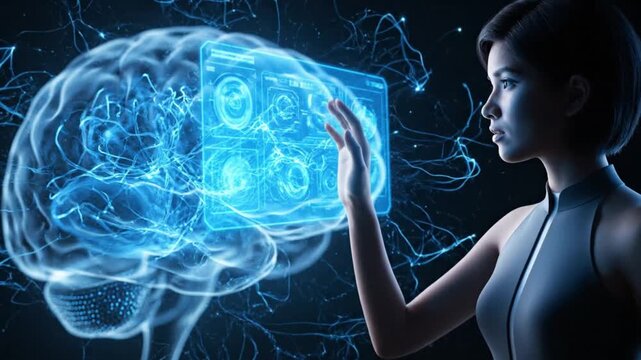 Woman interacts with futuristic brain interface displaying neural connections