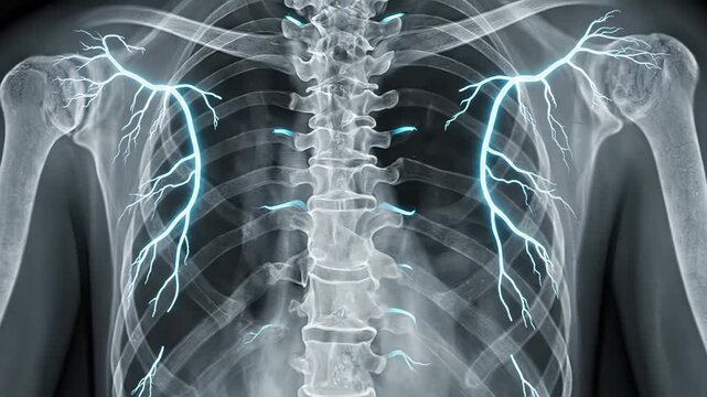 Detailed x-ray illustration of a human spine with glowing spinal nerves, hinting at the impact of slouching posture.