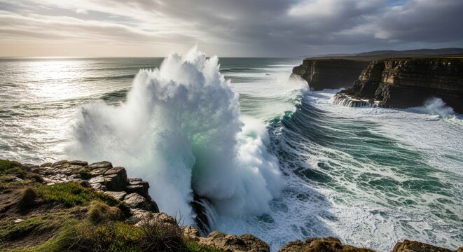 Ocean wave crashing against rocky coastline on a stormy day