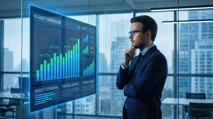 Fototapeta premium Thoughtful businessman analyzing financial data on futuristic holographic screen. manager in modern office reviews chart showing corporate growth and strategy success