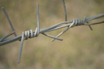 Rusty Barbed Wire Fence Close-Up With Green Leaves And Blurred Rural Background