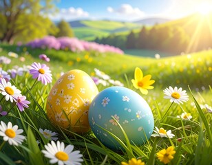 Fototapeta premium Easter eggs rest in a field of wildflowers, bathed in warm sunlight under a blue sky