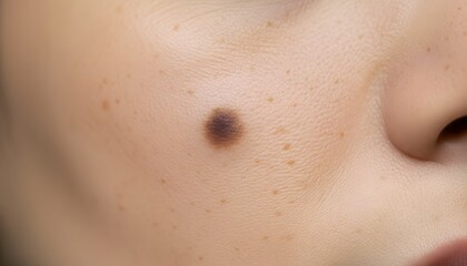Fototapeta premium Close-up detailed view of a dark skin spot on a human cheek, presenting the hyperpigmentation concept for dermatology and skin health awareness