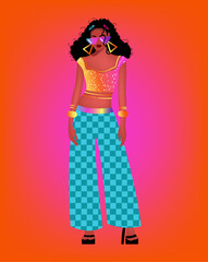 Illustration of a fashionable girl on a red and pink background.