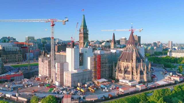 Ottawa, Ontario, Canada - July 4, 2025: Aerial view of Centre Block Parliament Hill construction Ottawa Canada