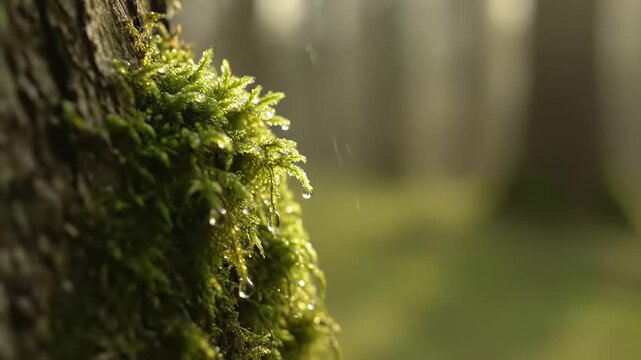 Moss Growing on Tree Trunk in Forest.