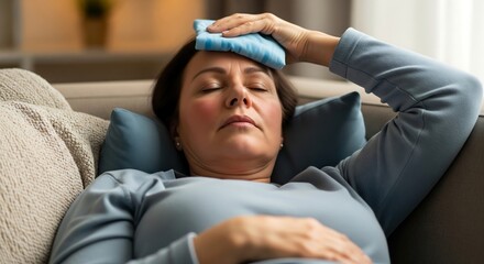 Fototapeta premium A middle-aged woman with her eyes closed is lying on a couch with a cold compress on her forehead.