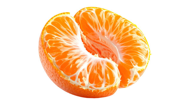 Two juicy mandarin orange segments, peeled and exposed, bright orange on a black backdrop