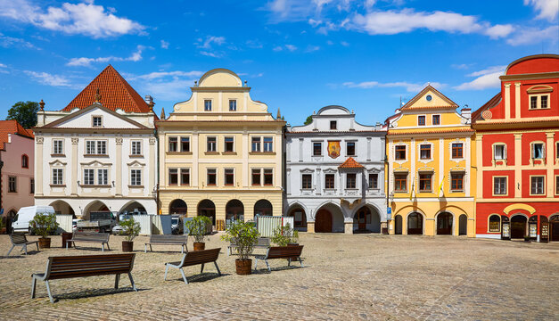 Stock Photo: Central square of Cesky Krumlov, Czech Republic. Czech krumlov view with old town antique houses with red tegular roofs. Scenic landmark. Popular travel destination in Europe.
