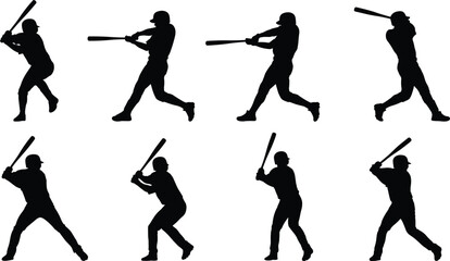 Set of baseball player silhouettes swinging bat, professional batter poses isolated on white background, sport action collection for team, league, and training design © MD SHAHARIR