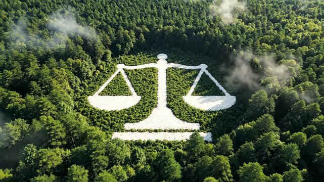 Lush green forest forms a large white balance scale symbol representing environmental justice principles