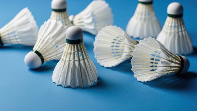 Close-up of several white badminton shuttlecocks arranged on a smooth blue surface