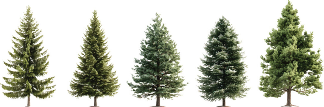 A series of realistic pine trees in different sizes, from small to large, on a transparent background