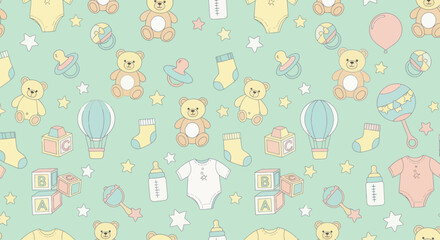 Obraz premium Cute cartoon baby items pattern with teddy bears and rattles