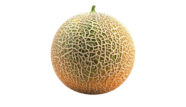 Close-up of a perfectly ripe, round melon with textured rind, isolated on black
