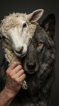 Conceptual portrait of a dark wolf wearing a sheep mask held by an older human hand, illustrating deceit and a wolf in sheep's clothing against a dark studio background.