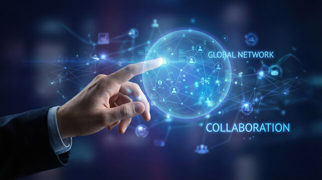 Confident businessman hand touch virtual technology interface displaying global network collaboration with blue digital data connection representing modern internet innovation
