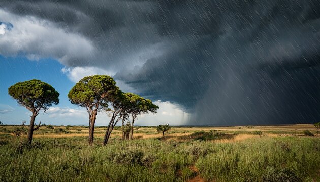 trees blowing in heavy rain against a dramatic cloudy sky stormy weather forecast for agriculture and nature severe climate change event