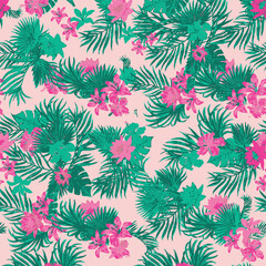 Pink tropical floral and green palm leaves seamless pattern for textile print for fabric, exotic summer botanical background