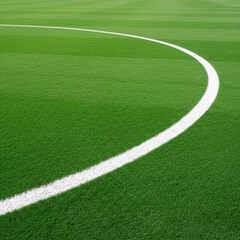 Obraz premium Curving White Line on Lush Green Artificial Turf of Soccer Field, Sports Background, Outdoor Game Concept, Fresh Grass Texture, Sporty Environment, Clean Field