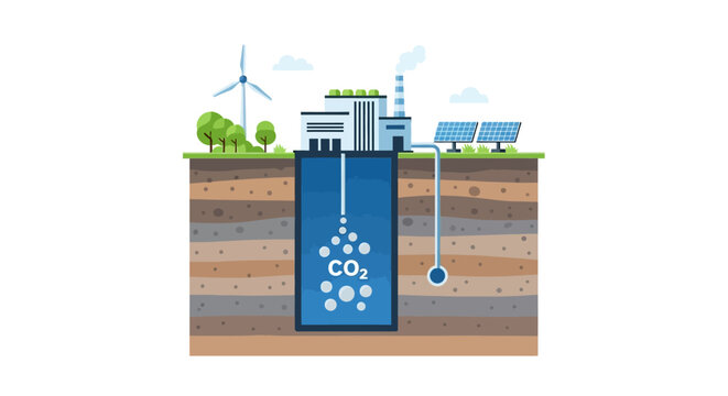 Carbon Capture and Storage (CCS) and CO2 Sequestration Technology with Renewable Energy Sources Illustration for Climate Change Solutions