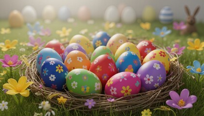 Generative AI image of multicolored Easter eggs with colorful decorations
Square frame with easter eggs hand drawn and space for text on white background
