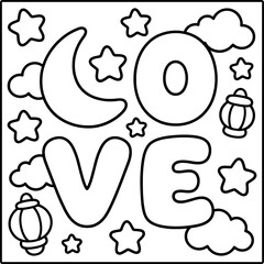 Obraz premium Ramadan love moon and stars doodle coloring page for kids and adults vector illustration