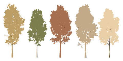 A row of five stylized trees in varying autumnal colors