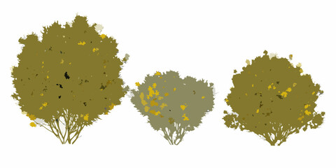 Three stylized bushes with yellow flowers against a white background