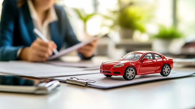 Red car model on application form with person writing in blurred background. Concept of rental transport services, auto loan and automotive business