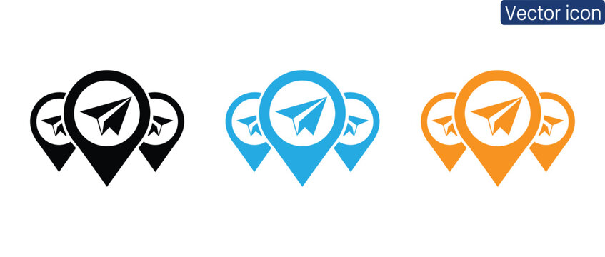 Vibrant location pin icons in black, blue, and orange for navigation and mapping purposes