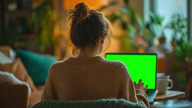 Home Office Serenity: A woman at home using a laptop with a vibrant green screen, set against a backdrop of indoor plants, embodying the harmony of remote work and indoor nature.