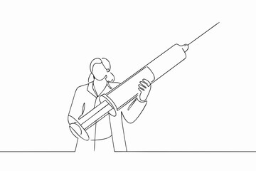 Line drawing of a person holding a large syringe medical concept