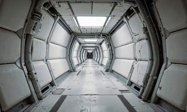 Realistic Space Station Corridor - A functional, slightly worn corridor on a space station, with padded white panels, exposed conduits