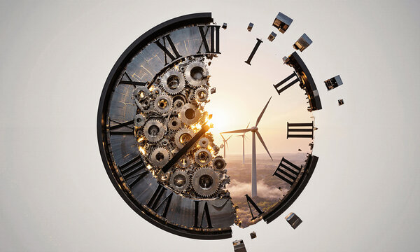 A colossal shattered clock where gears transform into glowing wind turbines, aerial wide shot at dawn with metallic detail, symbolic