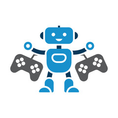 Blue vector robot holding two gaming controllers with a friendly expression on its face © Colors of N