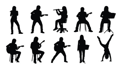 A group of musicians in silhouette playing various instruments isolated on white background, Vector © MehediHasan