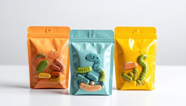 FlyPro Firefly bags of deworming medication, presented in child-friendly formats, sealed for freshness, captured with detailed studio photography.