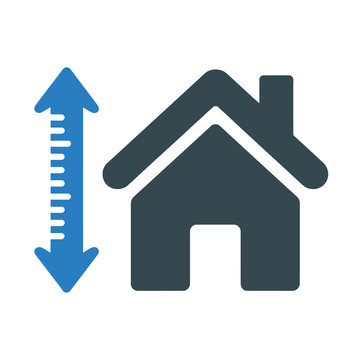 Dark vector house icon with a blue measuring arrow pointing up and down