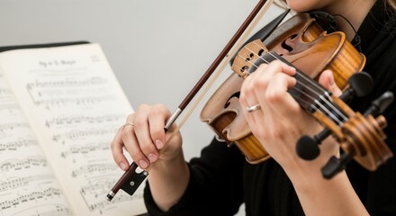 Fototapeta premium Traditional Irish Music Session Playing Violin from Sheet Music for Music Blogs, Educational Content, Instrument Learning, and Cultural Awareness