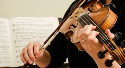 Fototapeta premium Traditional Irish Music Session Close-Up on Violin with Sheet Music for Music Blogs, Education, Cultural Awareness, and Instrument Learning Resources