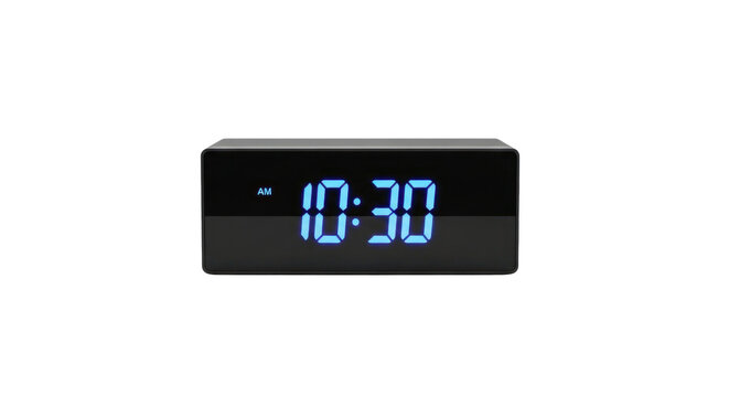 Photo-realistic image of a modern black digital alarm clock displaying 10:30 AM, representing time, technology, and punctuality.