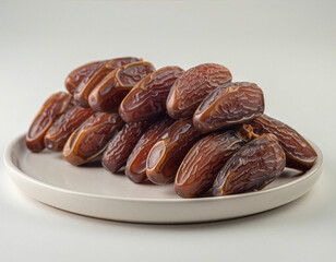 brown dates gathered tightly on a minimalist ceramic plate kurma