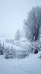 Fototapeta premium Serene natural landscape displays a frozen stream winding through snow-covered wilderness