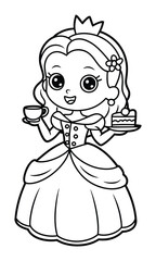 Adorable cartoon princess with a crown, holding a teacup and a slice of cake