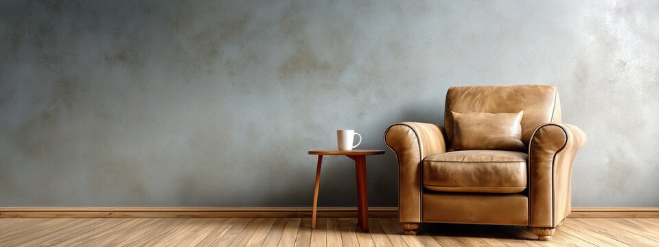 Un fauteuil en cuir marron clair, une tasse &agrave; caf&eacute; pos&eacute;e sur une table basse en bois dans une salle vide avec un mur gris et du parquet au sol, vue panoramique, image avec espace pour texte.