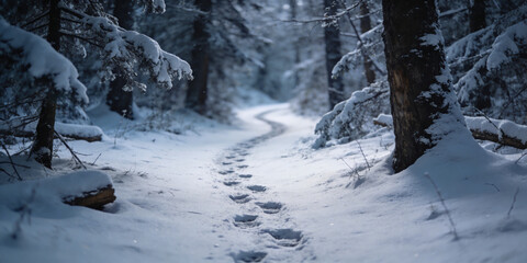 Footprints in the snow lead down a winding path through a quiet winter forest