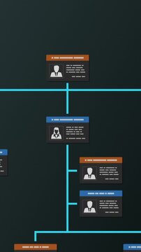 company organization chart with employee badges, scrolling on screen, vertical video