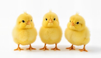 Fototapeta premium Set of three cute yellow Easter chickens isolated on a white background. 